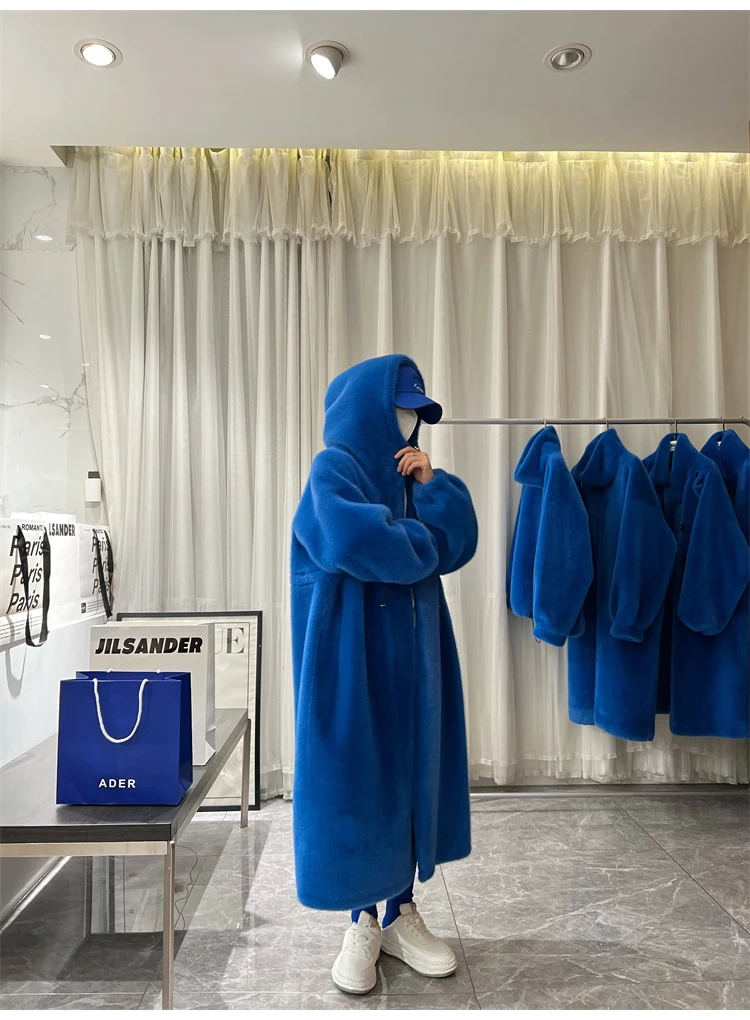 Lautaro Winter Long Oversized Warm Thick Blue White Fluffy Faux Fur Coat Women with Hood 2022 Loose Casual Korean Style Fashion