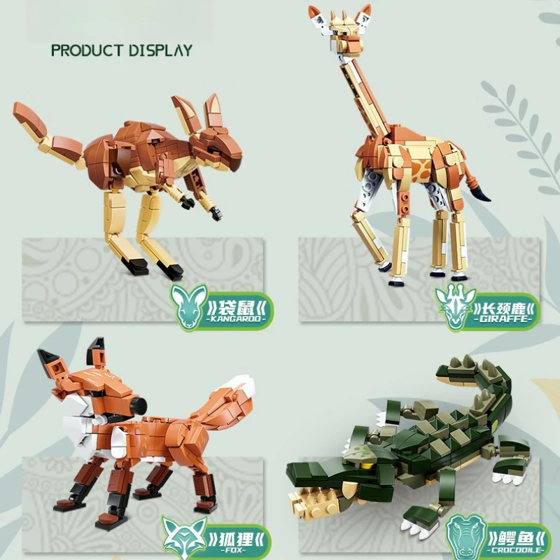 Bloques de Construcción para Niños - Serie Mundo Animal: Jirafa, Canguro, Zorro, Lobo, Rinoceronte, León, Modelo de Ensamblaje
