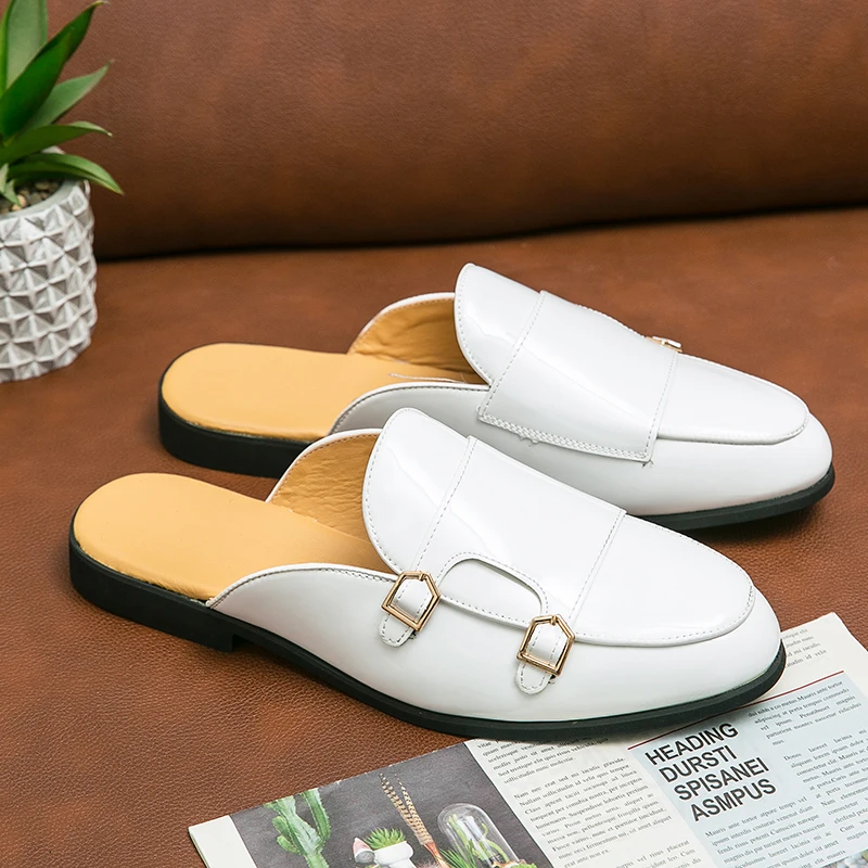 Large Plus Big Size Half Shoes For Men Leather Man Mules Semi-Drag Men Casual Shoes White Backless Loafers slippers Male Slides