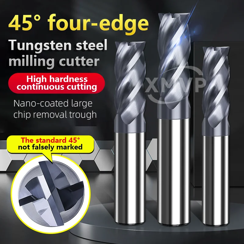 

Фреза из вольфрамовой стали, 45 градусов, 4-гранный твердосплавный режущий инструмент с ЧПУ с нанопокрытием для алюминия, нержавеющей стали и углеродистой стали.