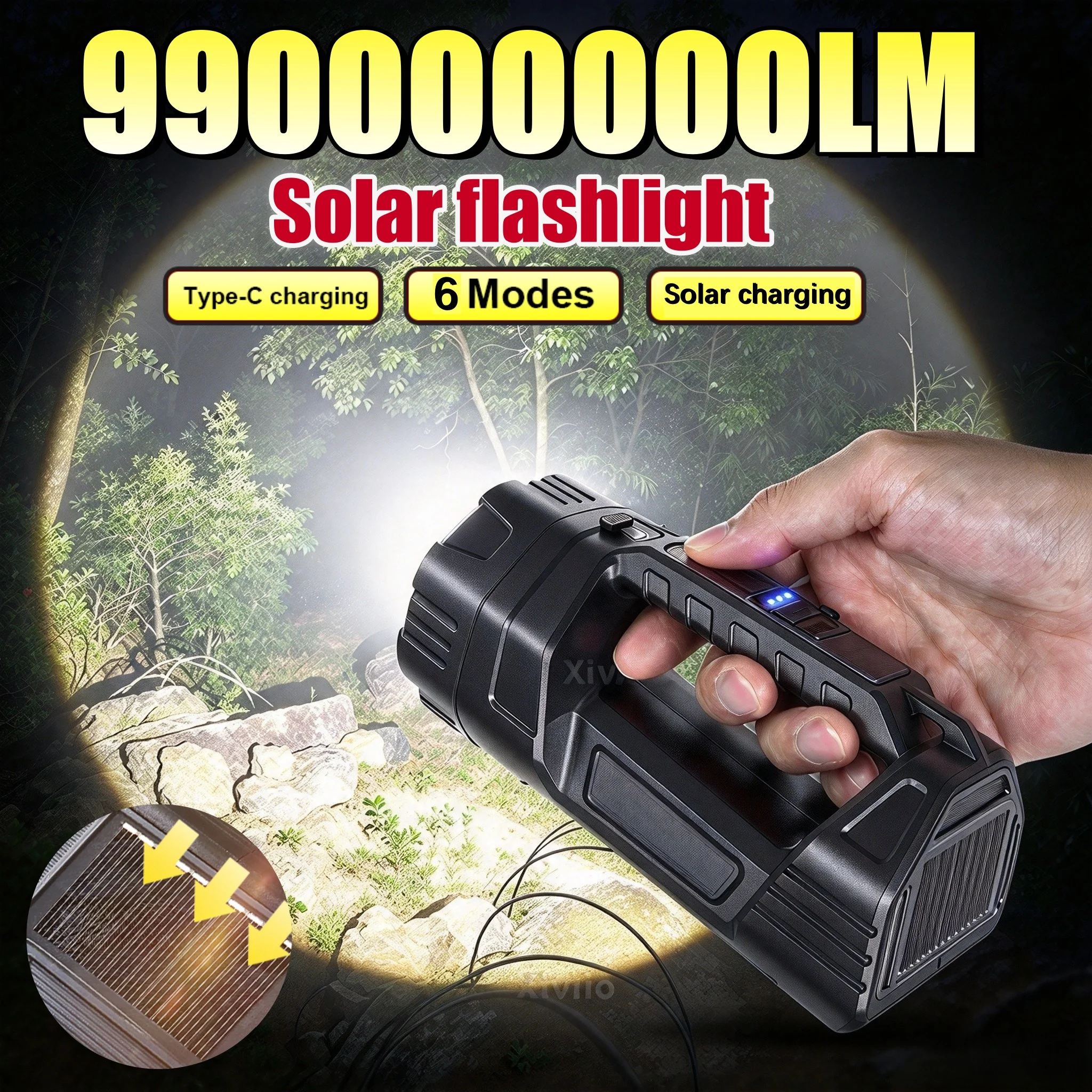 Super Bright Solar Flashlight Handheld Searchlight Type-C & Solar Charging Portable Outdoor Torch for Camping Hunting Emergency
