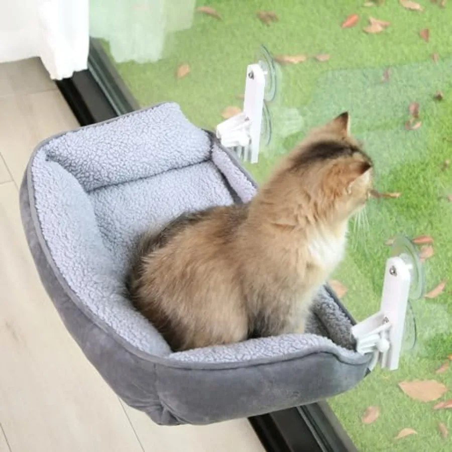 

Foldable Cat Hammock for Window with Bolster - Cordless, Fold-Up, Three-Side Bolstered Machine Washable Fluffy Bed, Robust Meta