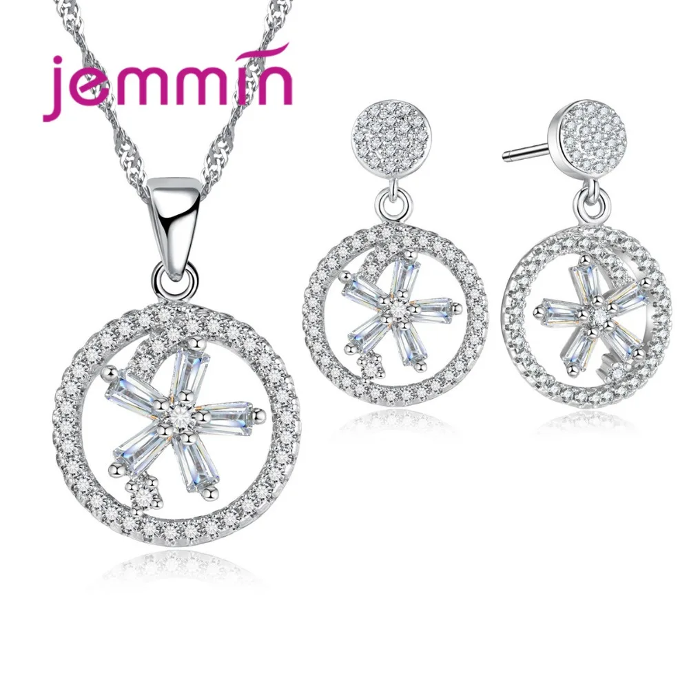 Genuine 925 Sterling Silver Jewelry Sets Round Shaped Micro CZ Crystal Pave Pendant Necklace Earrings For Women