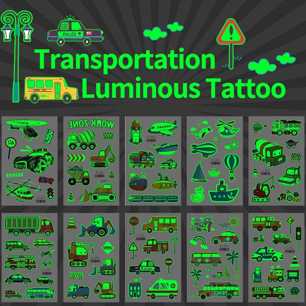 子供のための一時的な車の入れ墨,トラックの輸送,暗いステッカーで光る,建設車両の入れ墨,16枚