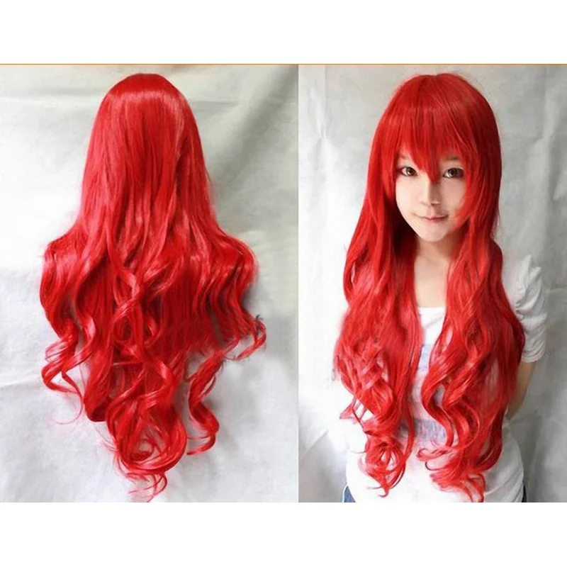 Vestido de princesa para niñas, peluca de Cosplay de Anime de La Sirenita, princesa Ariel, escenario de fiesta, pelo ondulado rojo sintético, 80cm