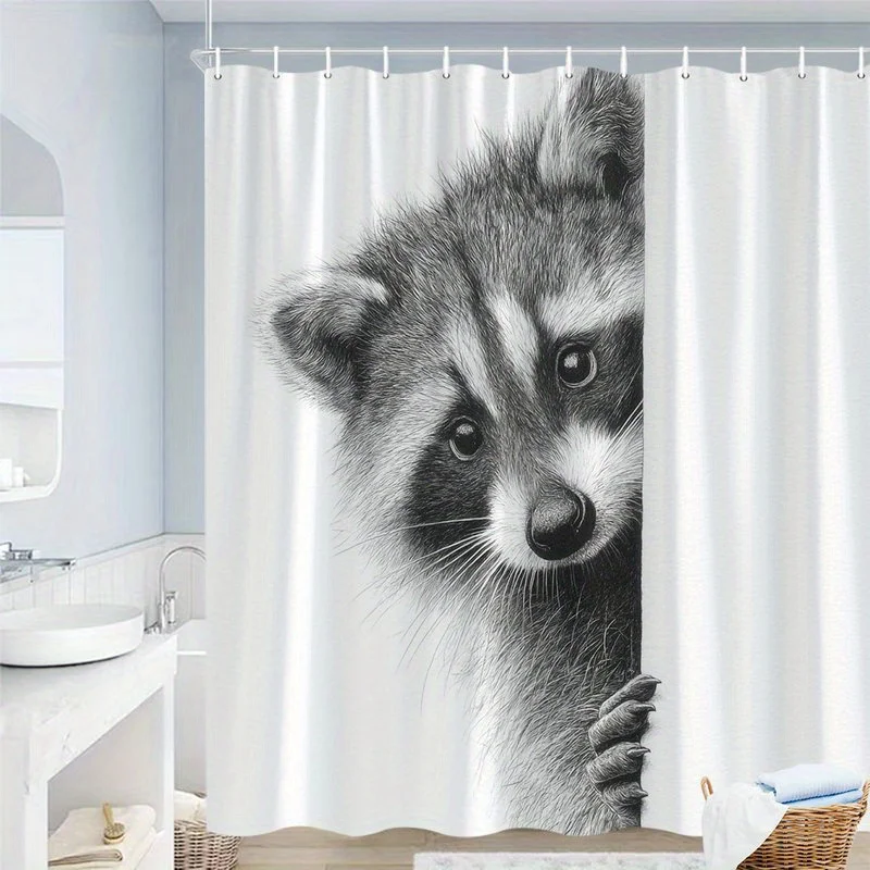 Black White Raccoon Shower Curtain Waterproof Animal Illustration Sketch Bathroom Decor Modern Wildlife Bath Curtain Shower