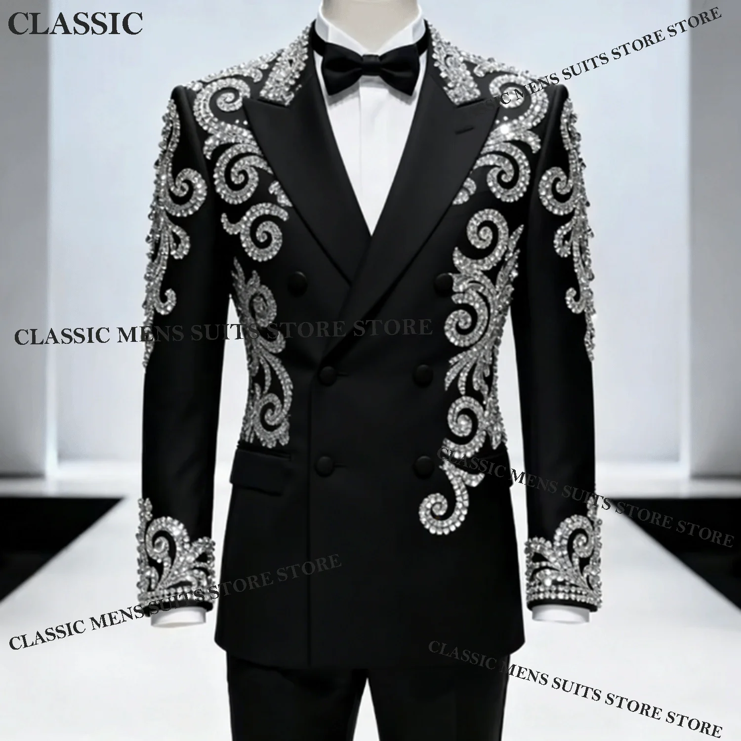 

Customized Crystal Diamond Suit For Men Fashion Groom Party Male Blazer 2 Piece Sets Luxury Slim Fit Tuxedos Wedding Ropa Hombre