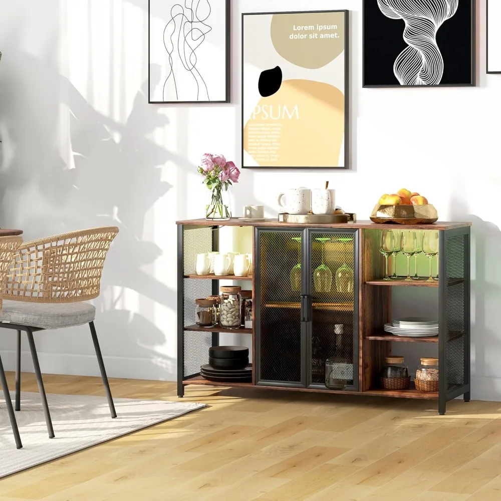 インダストリアルスタイル47リカー収納キャビネット、充電ステーションとLED照明付き、ホームワインバーテーブル用