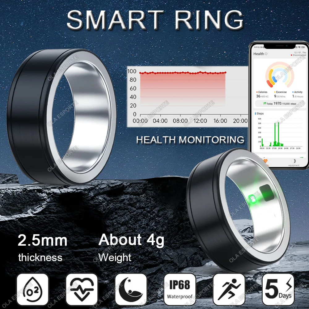 

Smart Rings Men Women Blood Pressure Heart Rate Sleep Health Monitor Multi-sport Modes IPX8 Waterproof Smartring for IOS Android