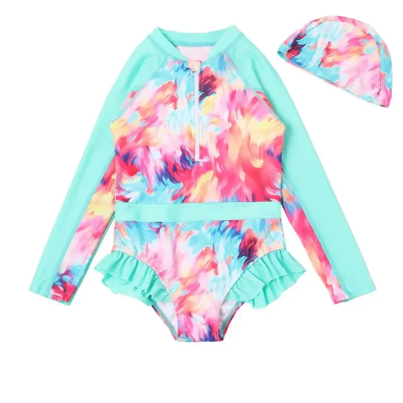 6-12 jaar badpak met lange mouwen en zwemhoed bloem gegolfde strandbodysuit kinderen meisjes eendelig badpak zomer kinderbikini