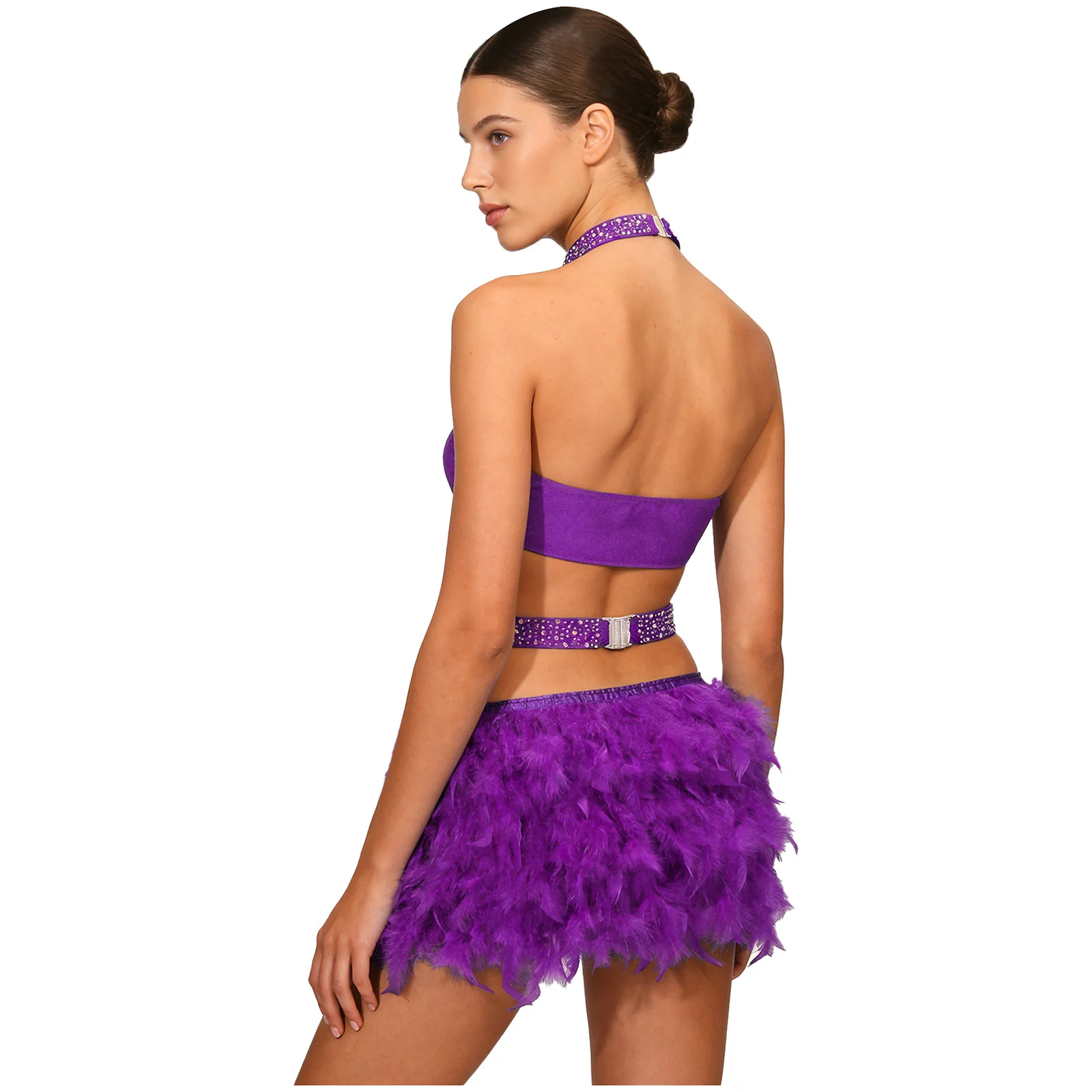 إمرأة لامع حجر الراين اللاتينية رومبا السامبا ملابس رقص الجمباز بذلة الاسبانية زي فو ريشة لهجة الرسن عارية الذراعين ارتداءها #6