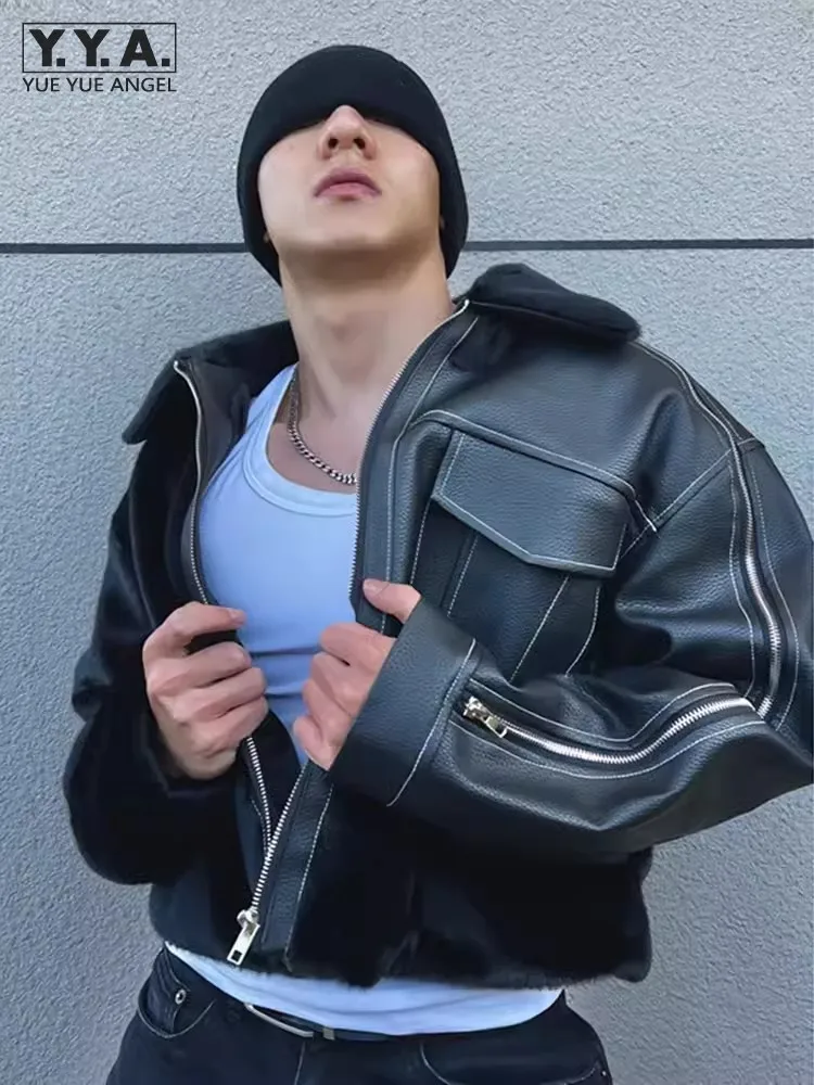 

Designer Mens Faux Fur Patchwork Pu Leather Jacket Fashion High Street Loose Fit Motorcycle Coat Zipper Punk Style Thick Jackets