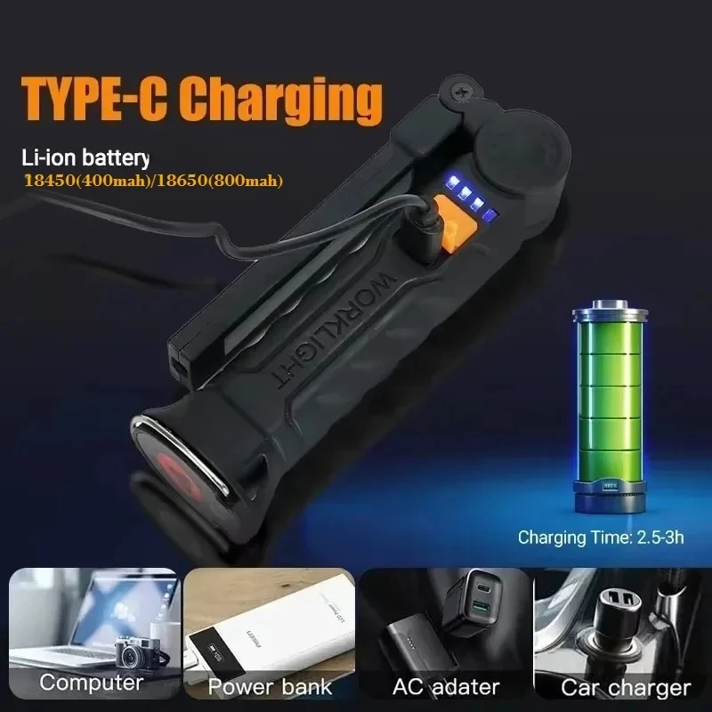 Picture 6: Folding COB XPE LED Work Light Flashlight Rechargeable Torch with Magnetic Base with Hook for Outdoor Camping Repair Emergency