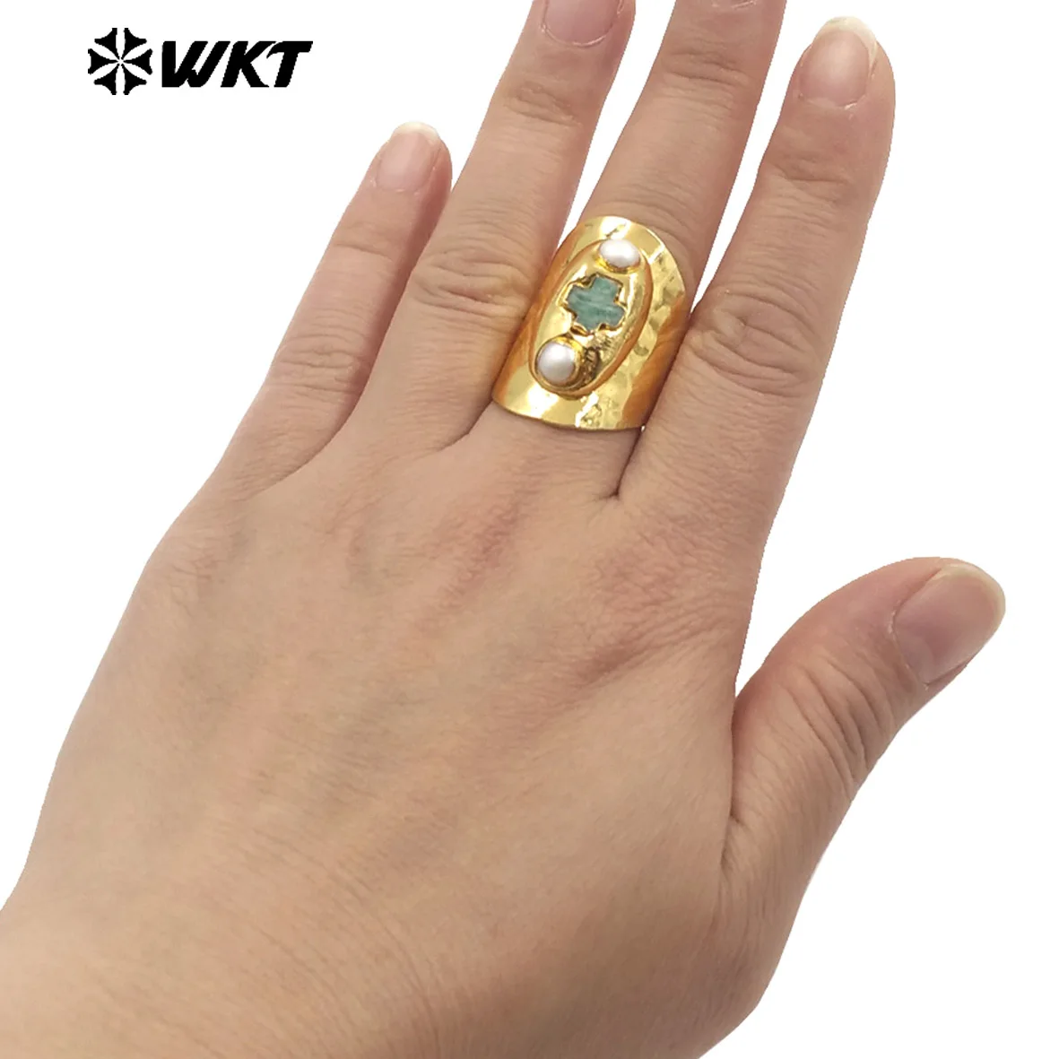 

WT-MPR130 New Arrival 18K Gold Plated Ring Jewelry With Double Pearls And Cross Shape Stone Adjustable Size For Party
