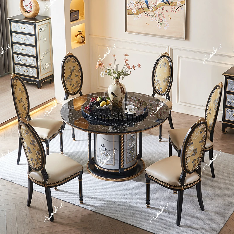 Chinese hand-painted flowers and birds 1.3 meters marble with turntable solid wood round villa luxury dining table and chairs  F