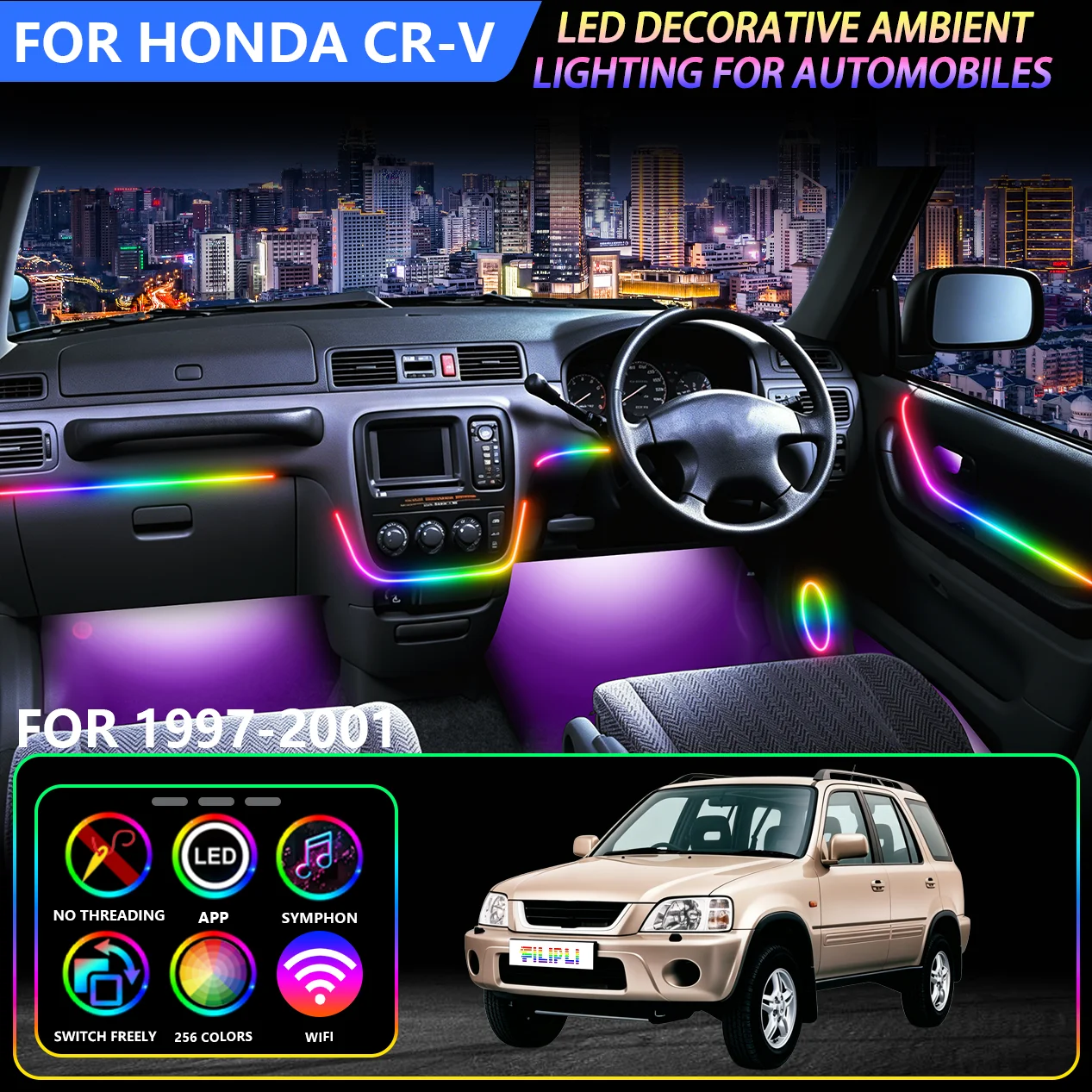 Automotive Iridescent  18 in 1 Ambient Lighting Fit For Honda CR-V 1997-2001 Models, Multi Adjustable Colors & Dynamic Light Modes, One-Click Switch Light Effects, Stable Power Output, Low Component Loss Car Interior Decor Light