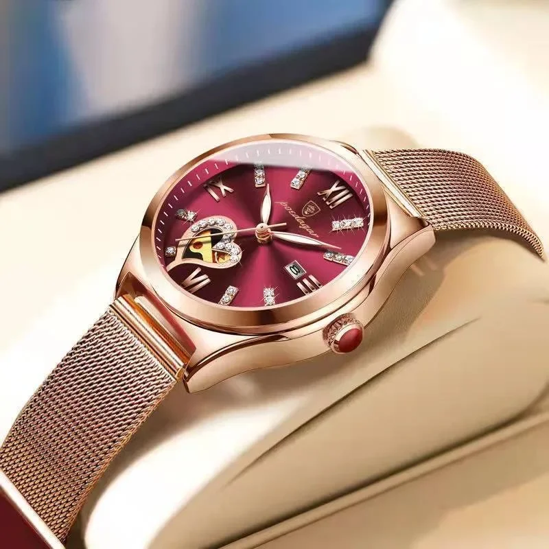 

POEDAGAR 2022 Fashion Women Watch Stainless Steel Mesh Rose Gold Luxury Waterproof Luminous Ladies Quartz Watches
