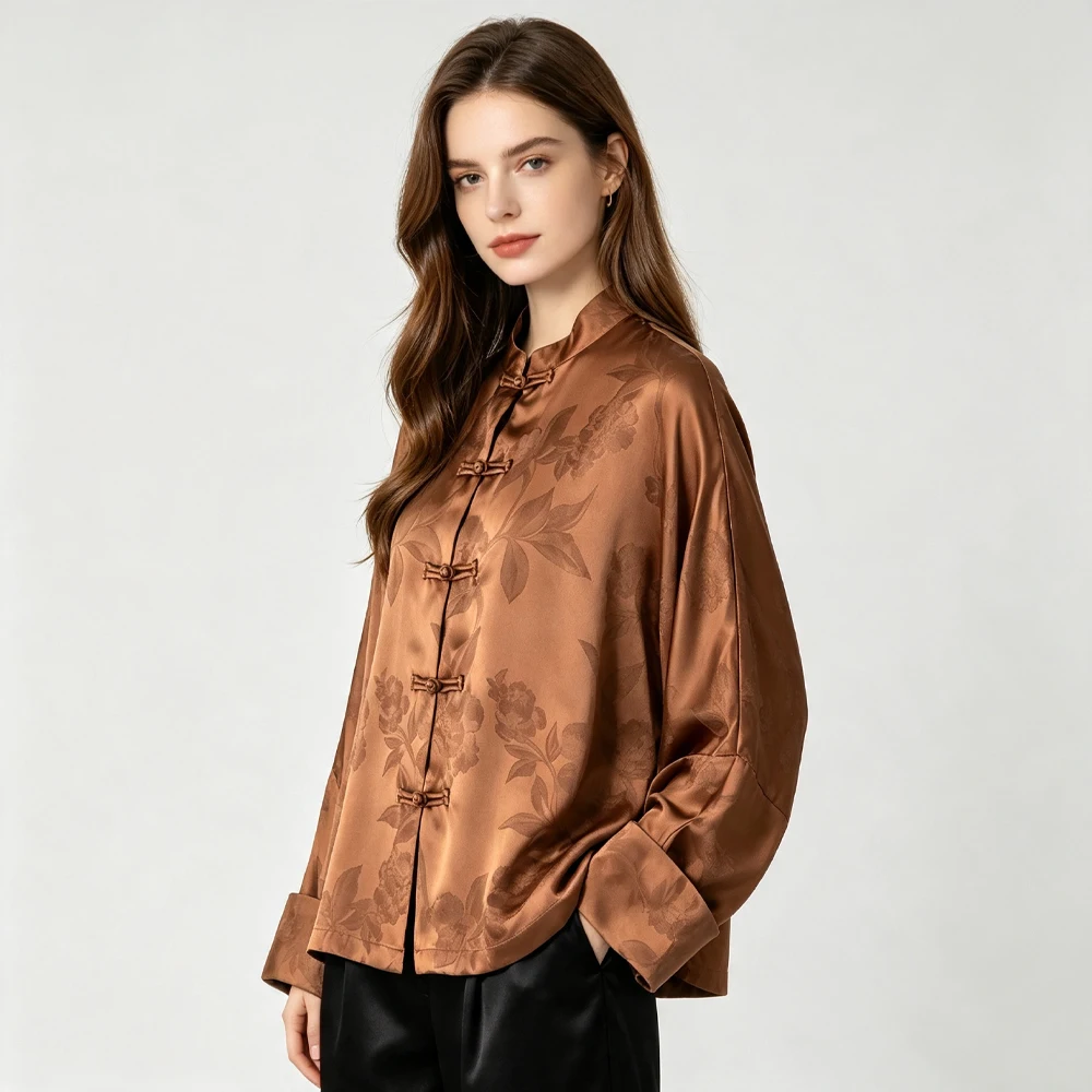 Women's Autumn Fashion Clothing 45MM 100% Natural Mulberry Silk Gambiered Guangdong Gauze Stand Collar Long Sleeve Shirt