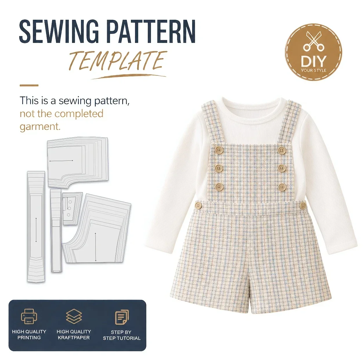 Plaid Kids Short Overalls Sewing Patterns, Sewing Patterns for Beginner, Easy Sewing Project,Step-by-Step Instructions