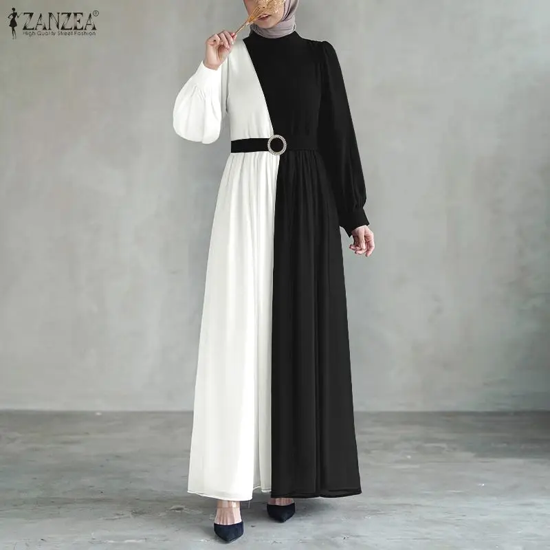 Muslim Hijabs Women's Contrast-Color Maxi Dress Elegant Modest Long Sleeve Belted A-Line Long Dresses Woman Ramadan Clothes 3XL