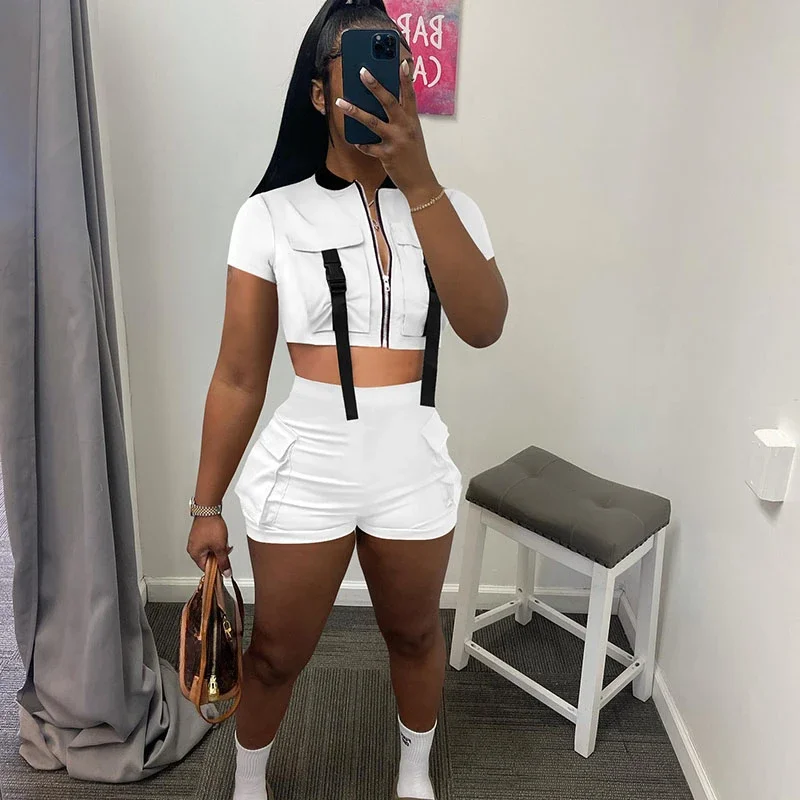 Sportwear Pockets Short Sets Womens 2 Piece Outfit Workout Fitness Zipper Crop Top and Shorts Casual Tracksuit Conjuntos Curtos