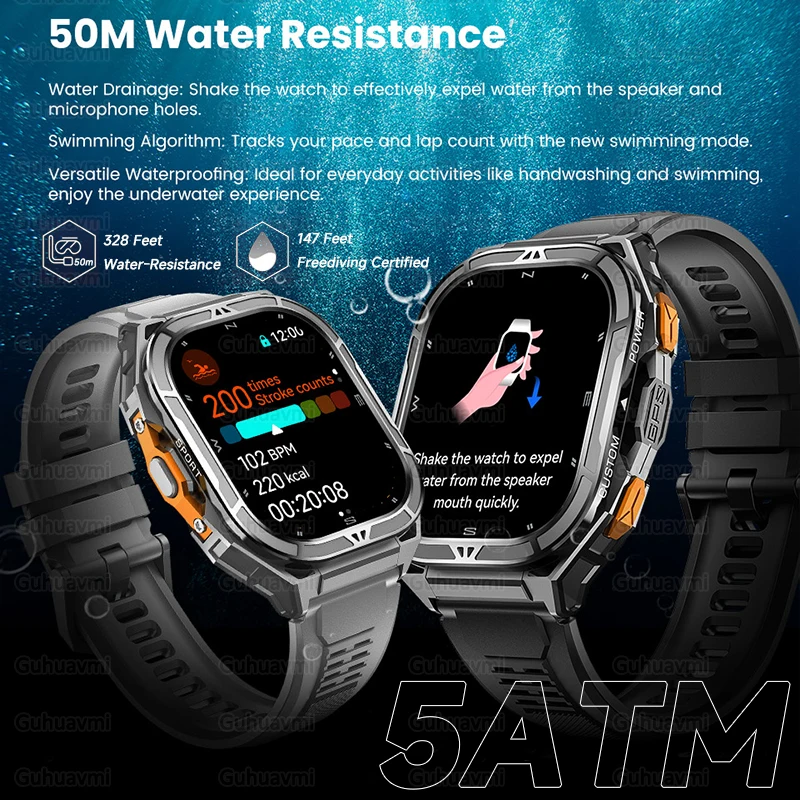 GUHUAVMI TANK X5 Smartwatch 5ATM GPS impermeabile Monitoraggio a doppia frequenza 1.96 "AMOLED 530mAh Bussola 170+ Sport Fitness Tracker