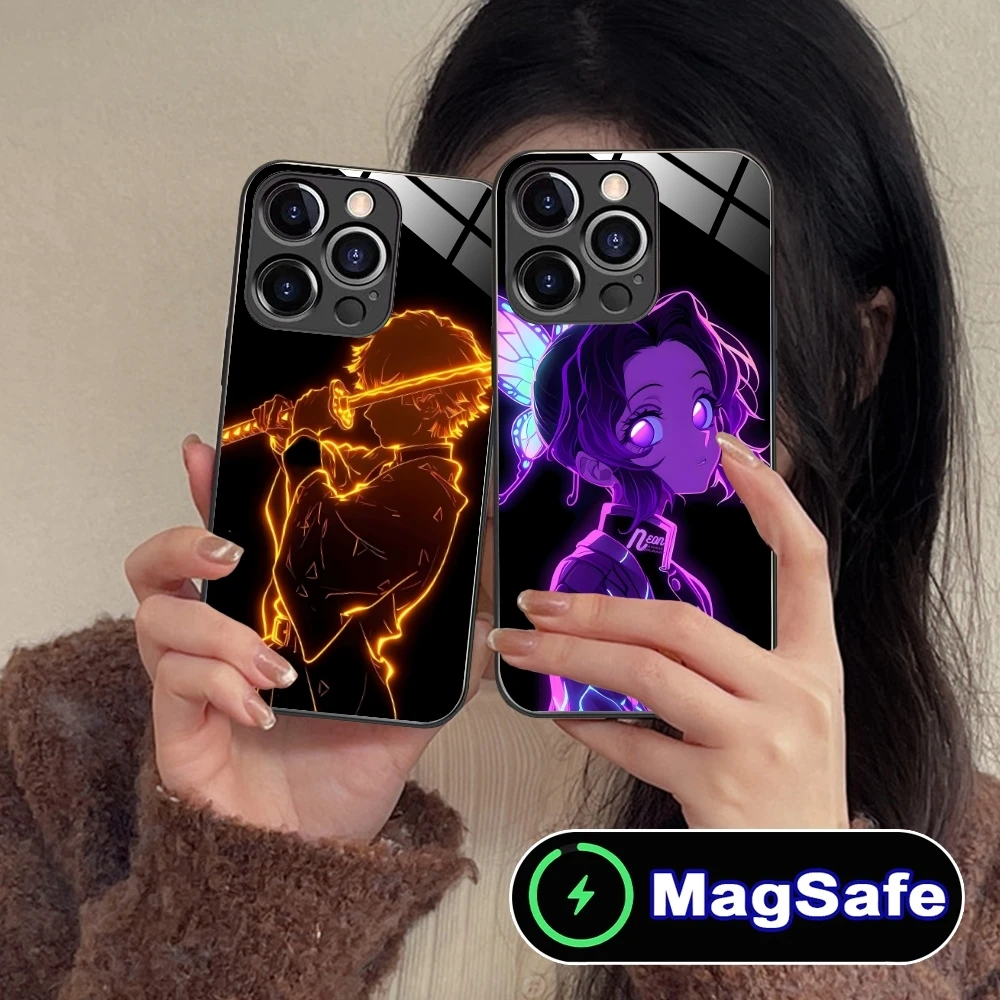 Demon Slayer Colored Neon Cell Phone Case for iPhone 16 15 14 13 12 11 Pro Max Plus Mini MagSafe Wireless Charging Glass Cover