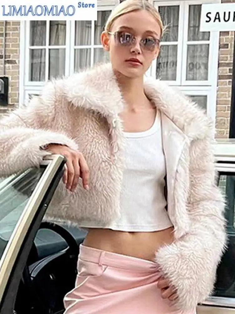 

Luxury Fluffy Faux Fur Coat Women Cropped Turn Down Collar Jacket Fashion Thick War Outerwear Lady New Streetwear Overcoats