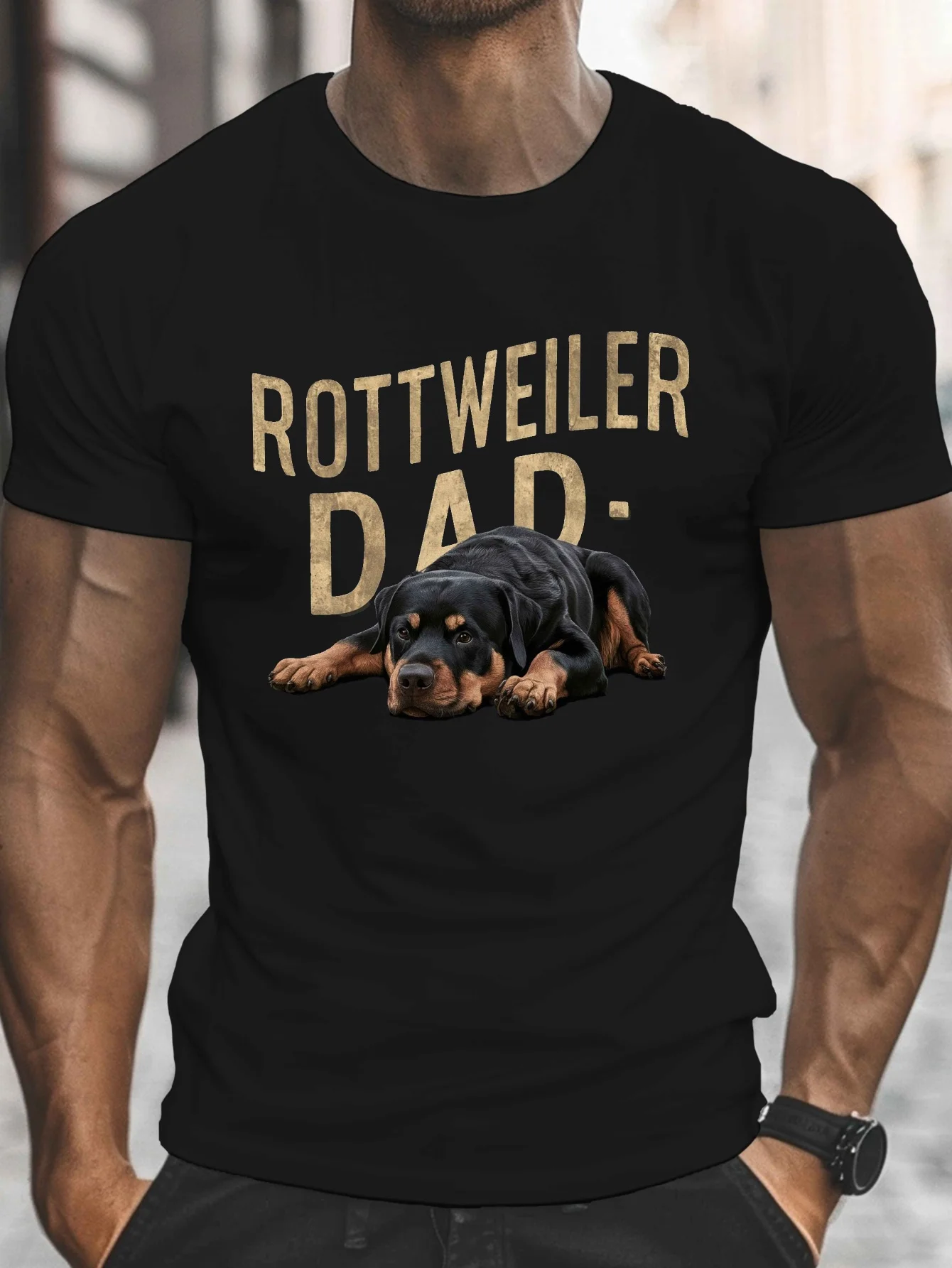 

ROTTWEILER DAD Men's Casual Short-Sleeved T-Shirt - Navy Blue with Rottweiler Dog Pattern