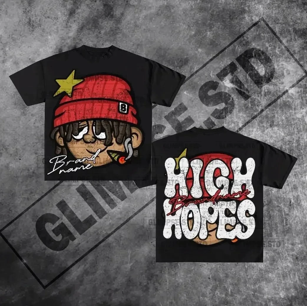 

2024 Summer hip-hop Graffity print retro y2k top oversized couple t-shirt men and women Harajuku Gothic pattern pure cotton