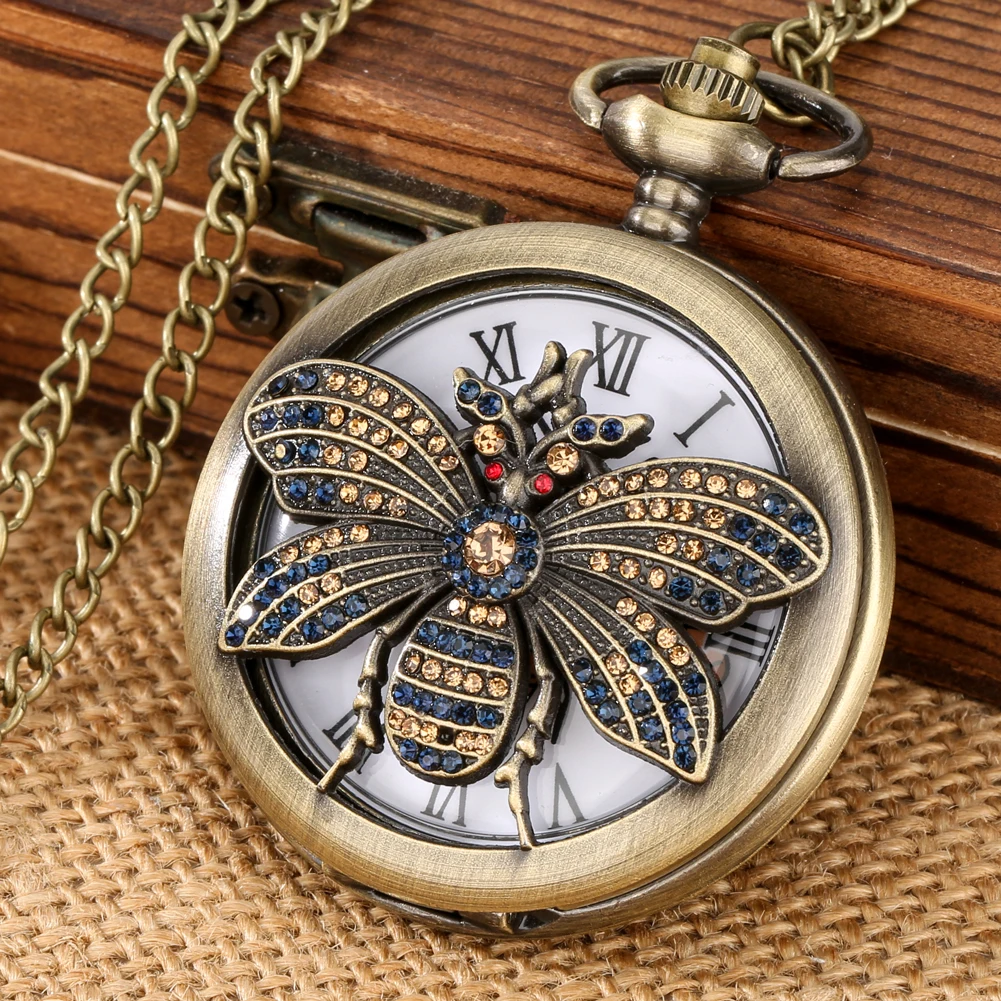 Búho de abeja con incrustaciones de diamantes Retro de bronce, obra de arte, reloj de bolsillo de cuarzo hueco, collar antiguo, cadena de suéter, relojes FOB