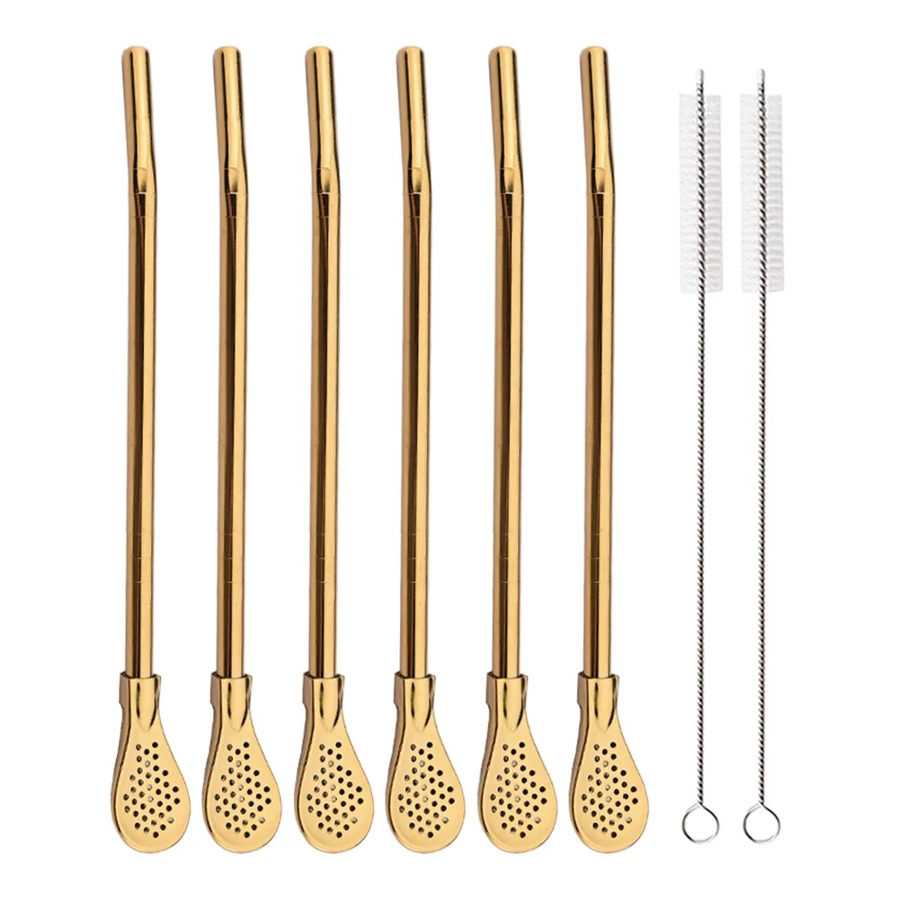 8Pcs Golden Reusable Stainless Steel Drinking Straws Spoon Washable Mate Tea Spoon Filter Straw for Cocktail Bar Accessories