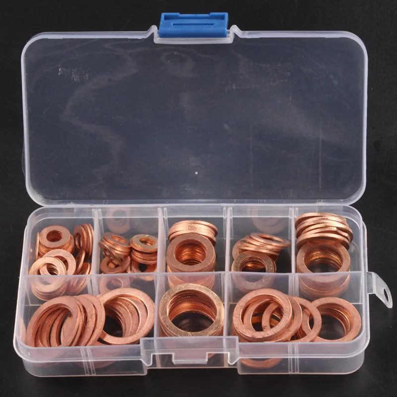 

120PCS M6 M8 M10 M12 M14 M16 M18 M20 Solid Copper Washers Sump Plug Assortment Washer Set Plastic Box Qring Gaskets