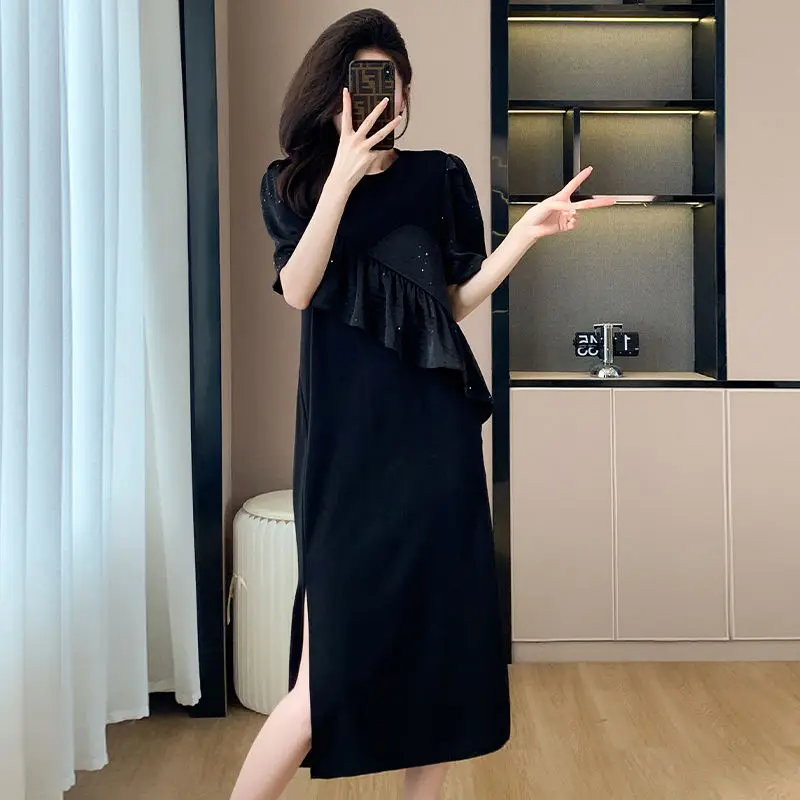2025 Summer Women Casual Daily Joker Black Loose Midi Dress Lady Cozy O-Neck Short Sleeve T Shirts Dresses Split Ruffle Clothing