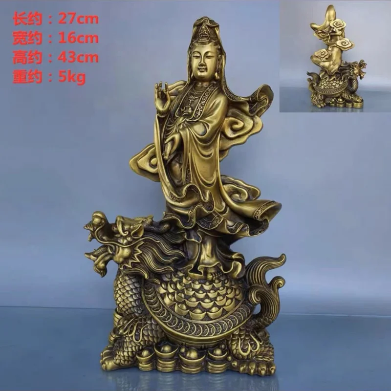 

All Copper Bodhisattva Statue Ornament Riding Turtle South Sea Guanyin Goddess Home Buddha Hall Offering Nine Dra