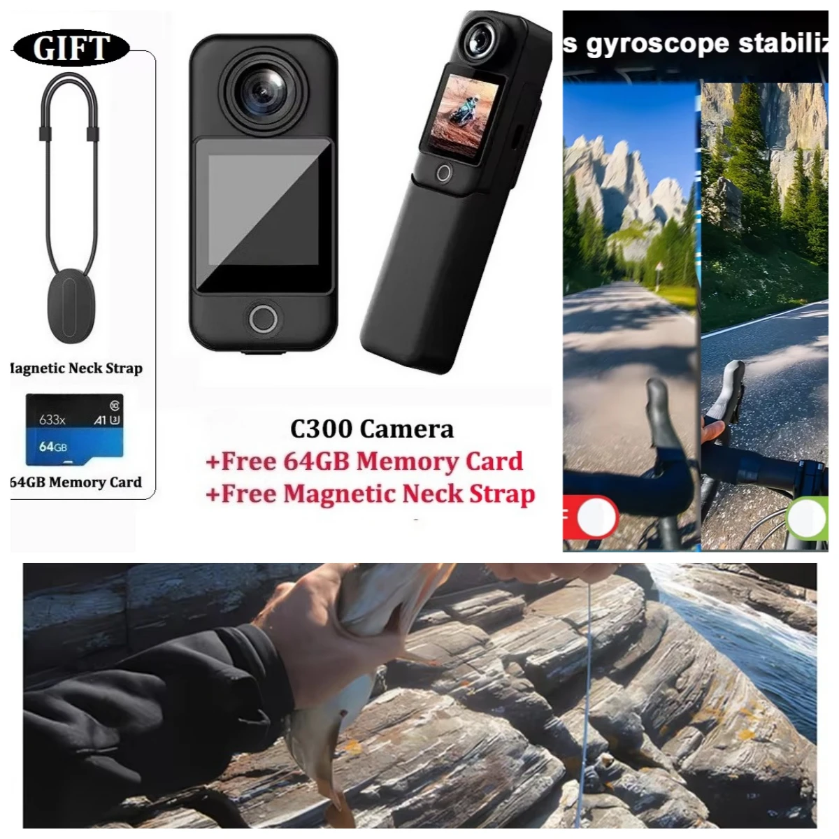 C300 Pocket Action Camera,4K 30FPS 6-Axis Gyro Stabilization,Super Night Vision 5G WiFi Remote Webcam Sports DV
