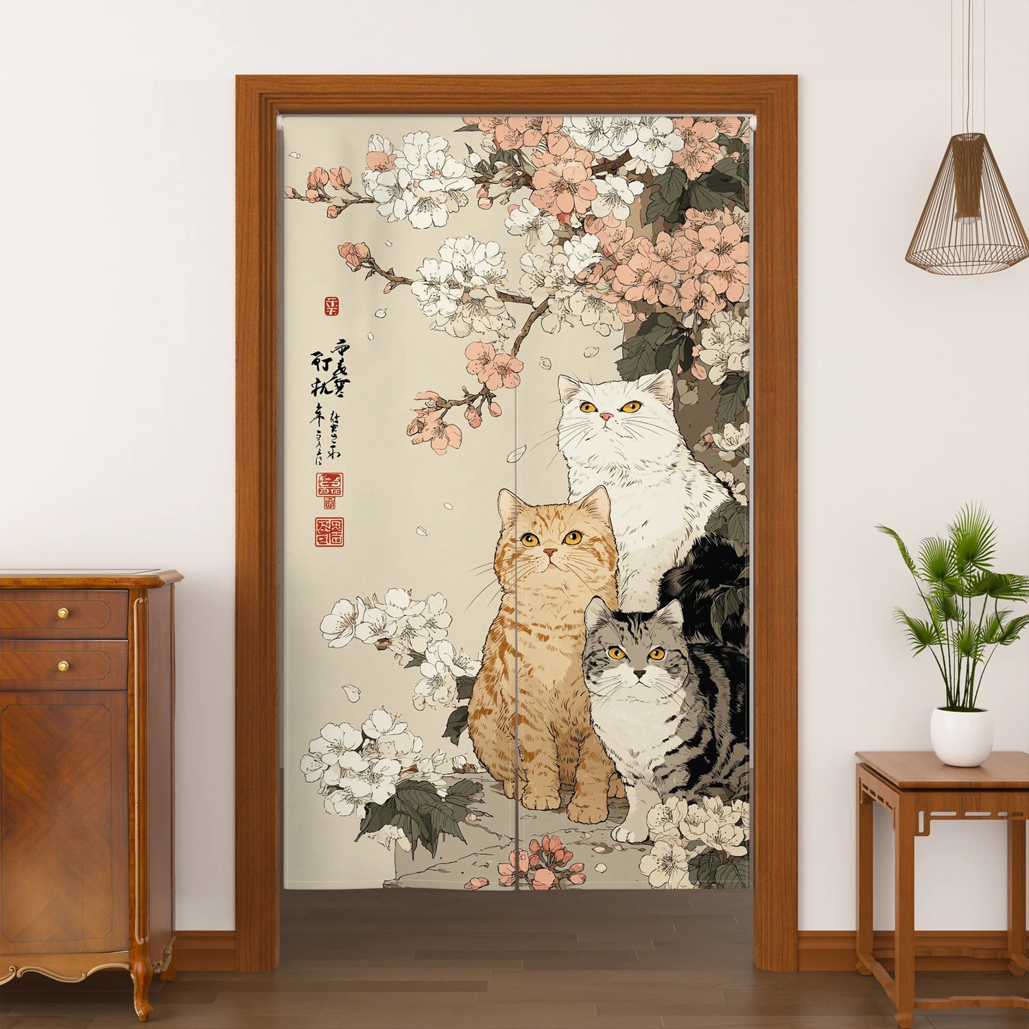 Japanese Style Noren Door Curtains Cute Cat Cherry Blossom Patterns Linen Doorway Curtain Home Decor Kitchen Split Half Curtains