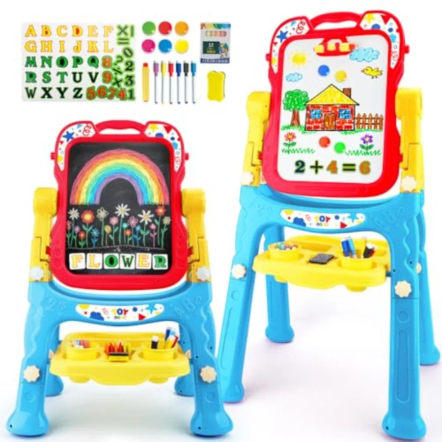 

Большой художественный мольберт 4-в-1 для малышей с двусторонней доской: вращающаяся магнитная меловая доска и белая доска для рисования, регулируемая по высоте