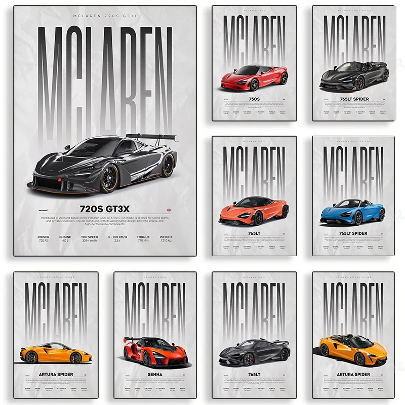 Luxuriöse Supersportwagen M-MMclarens Poster und Drucke Leinwanddruck Minimalistische Wandkunst für Wohnzimmer Heimdekoration