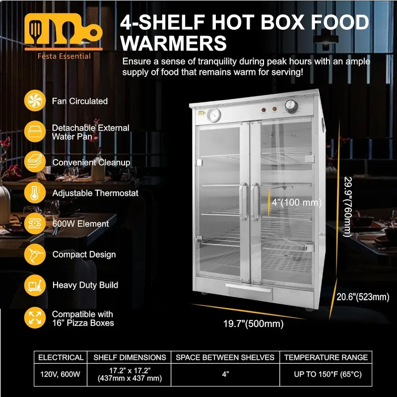 5-Shelf Electric Hot Box Food Warmer for up to (10) 16" Pizza Boxes, Countertop Heated Holding Cabinet for Pretzels,Warming Oven