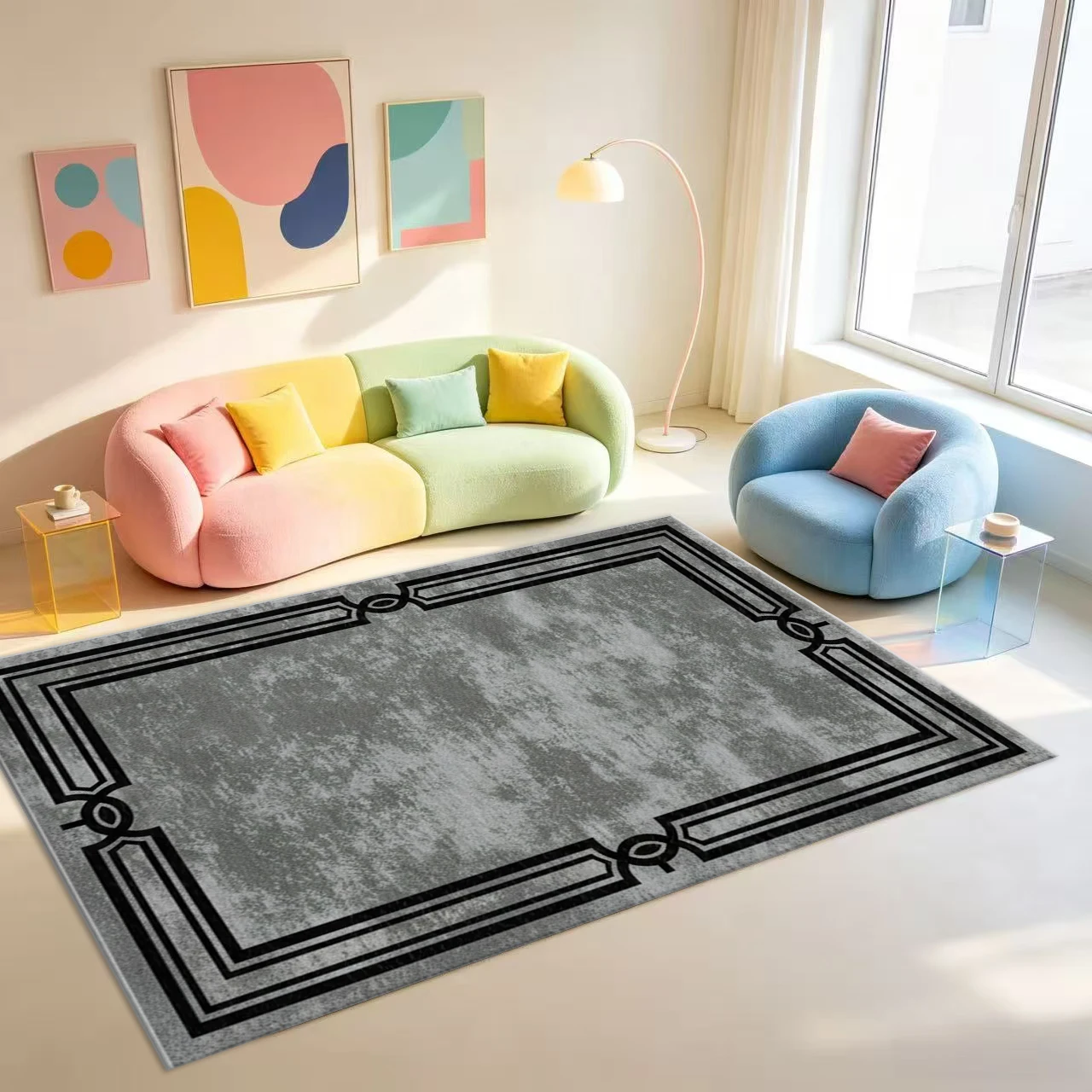 Vintage Distressed Black Border Area Rug Retro Abstract Texture Floor Carpet for Living Room Bedroom Home Decor