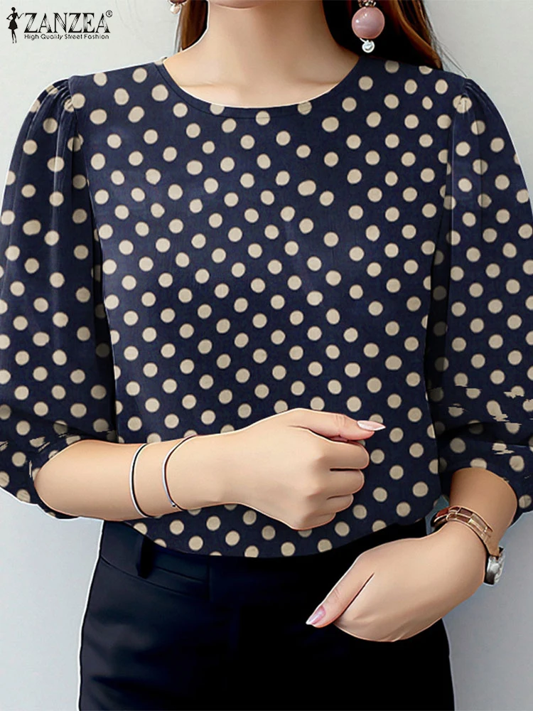 ZANZEA blus Polka Dot wanita, atasan Smock kasual, blus 2025 lengan Puff, leher O, trendi, musim panas, musim semi, 3/4