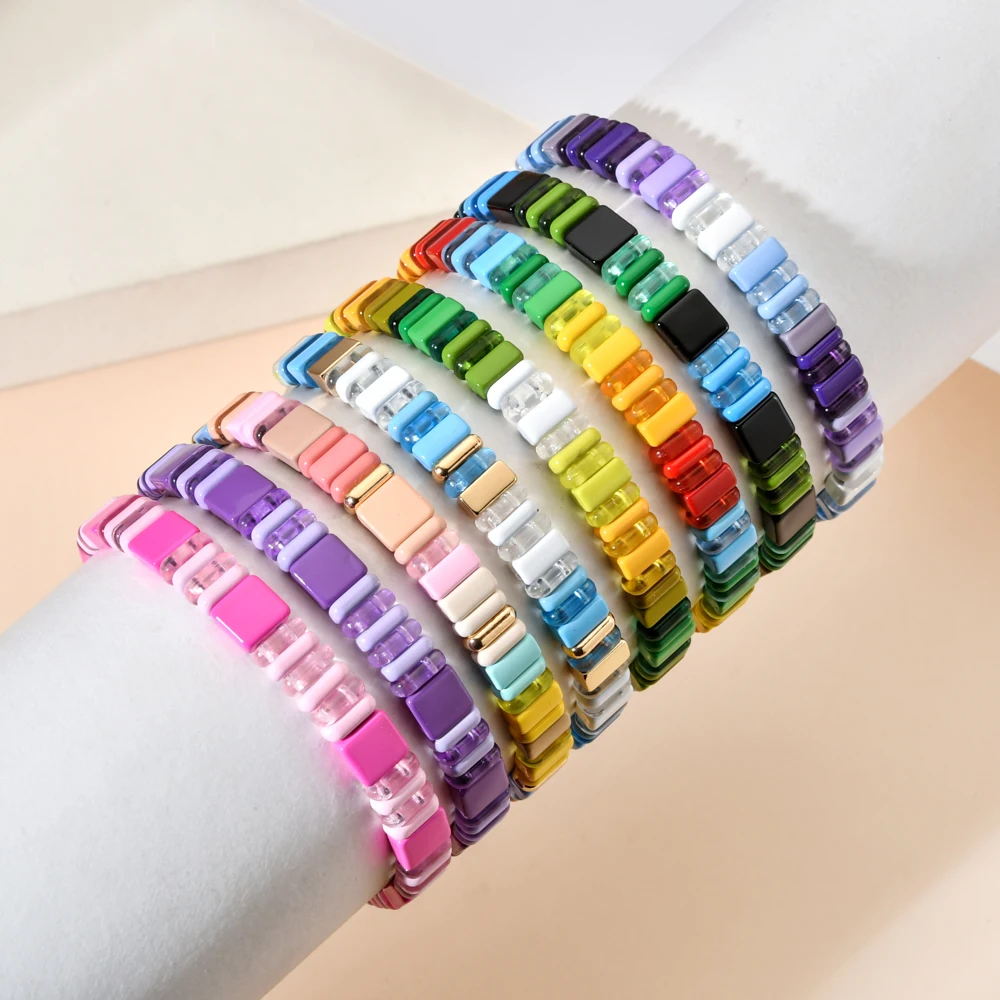 Elegant Fashion Boho Style Enamel Geometric Beads Stretch Rainbow Lucky Women\'s Bracelet Bangle DIY Beaded Couple Jewelry