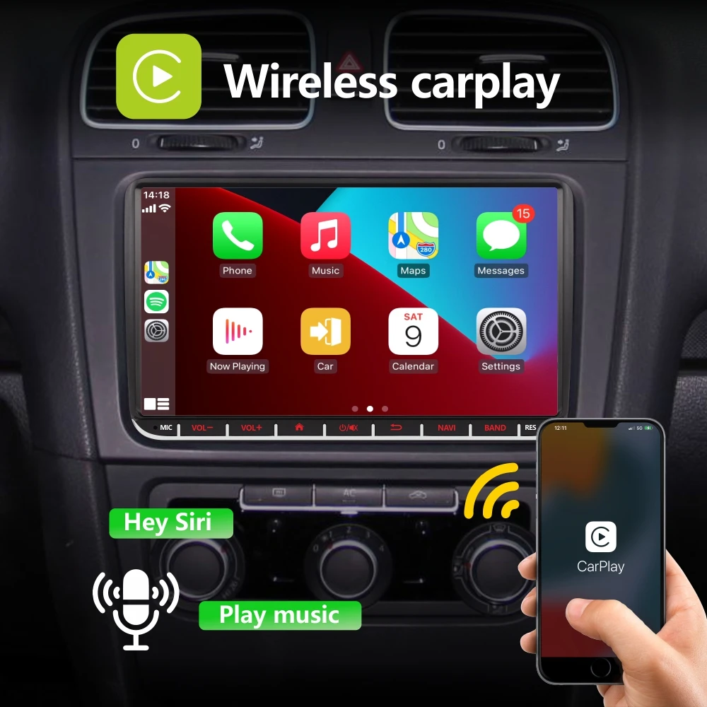 Car Radio with Wireless Carplay Android Auto for VW Passat Golf MK5 Jetta Tiguan Skoda SEAT with 9