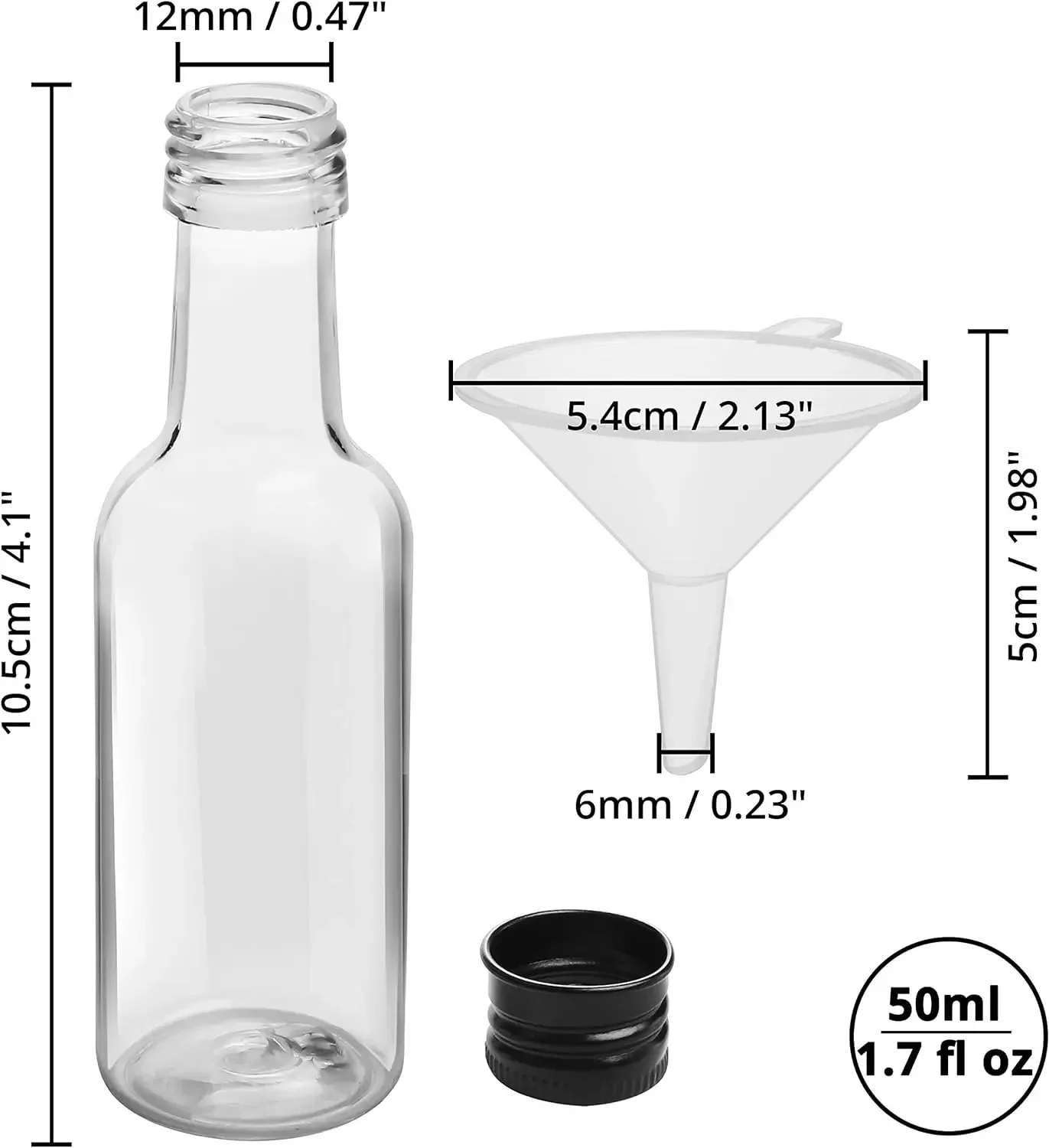 2oz Mini Liquor Bottles  Reusable Plastic 60ml Empty Spirit Bottles with Screw Caps and Liquid Funnel for Easy Pouring 50Pcs