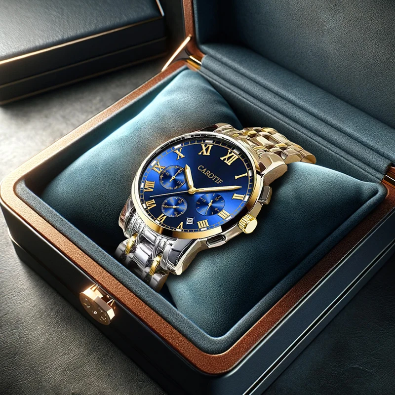 

Мужские серебристо-синие деловые повседневные кварцевые часы с тремя циферблатами и браслетом из нержавеющей стали.