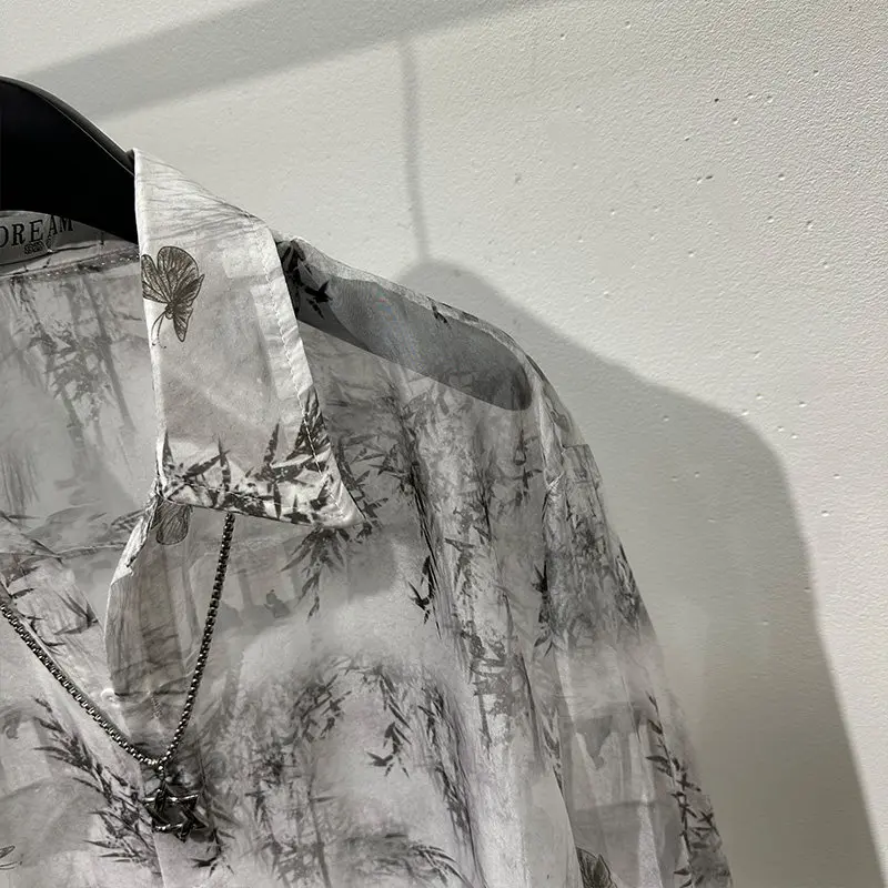 Popular High-Grade See-through Printed Loose Long Sleeves Shirt Retro Fashionable Thin Clothing for Men and Women