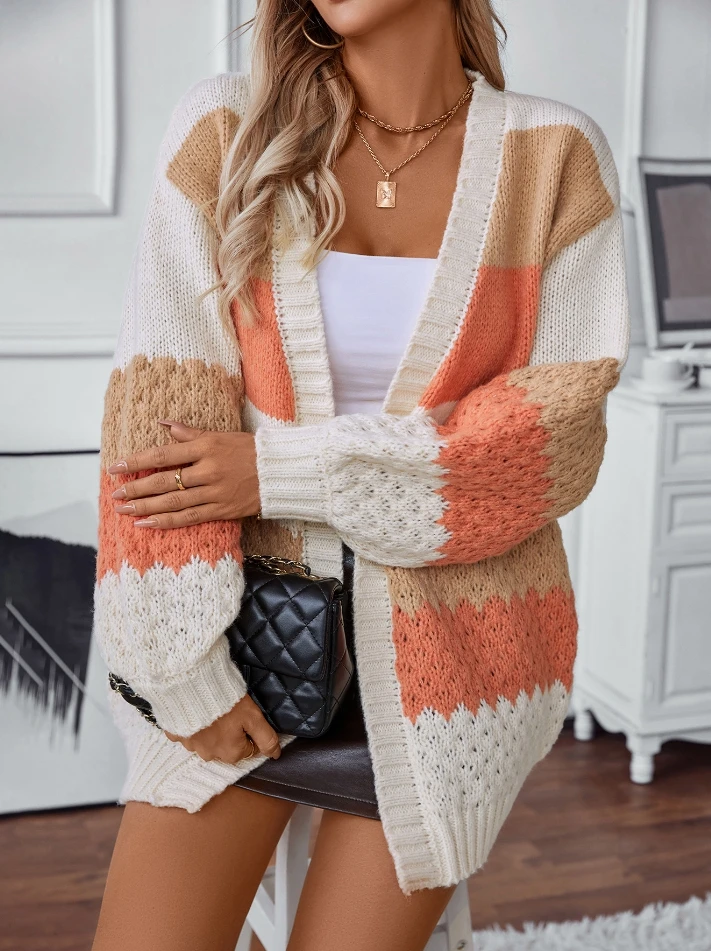 Women's Street Cardigan 2025 Autumn Winter Latest Contrasting Striped Sweater Long Sleeves Lantern Coat Knitted Sweater Jacket