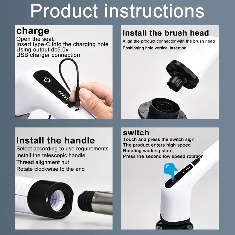 7 In 1 Electric Cleaning Turbo Scrub Brush Multifunctional Long Handle Cordless Spin Scrubber Cleaning Brush Bathroom Accessorie