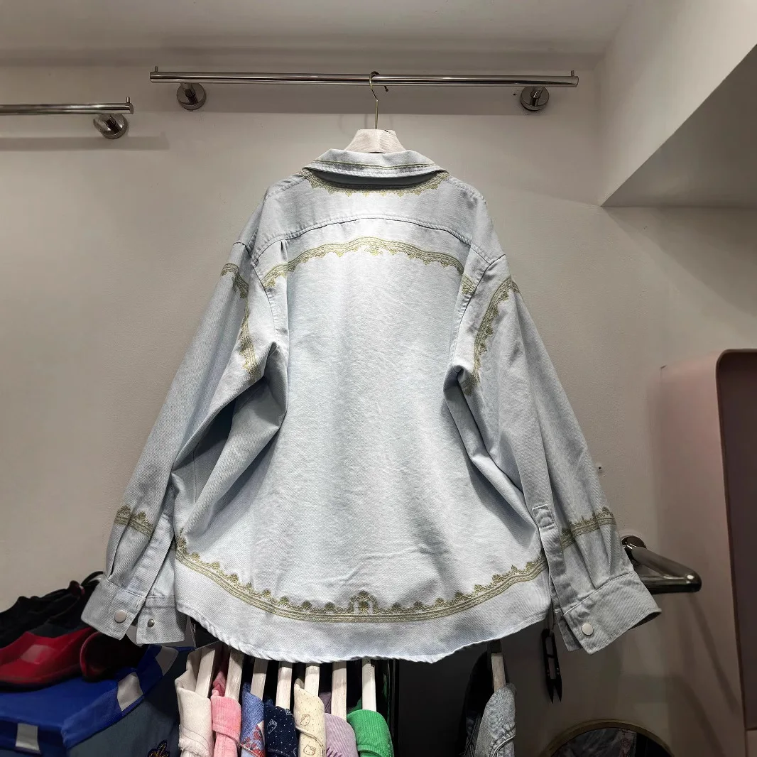 SuperAen الربيع والخريف 2025 جديد الكورية نمط المرأة فضفاضة موضة أنيقة الأزرق ريترو طباعة التطريز قمصان جينز #4